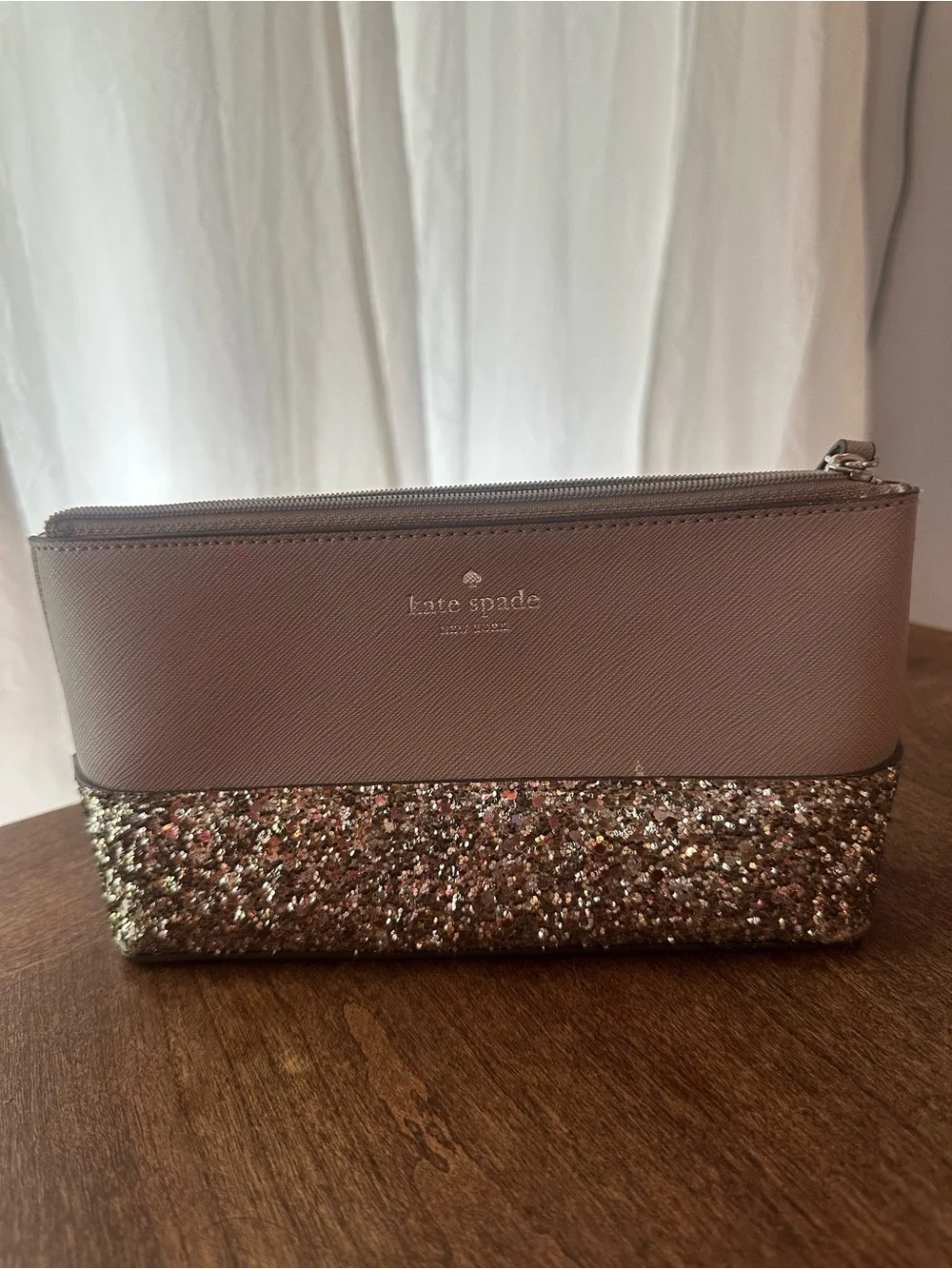 kate spade New York Rose Grey with Glitter Zip Pouch/Makeup Bag